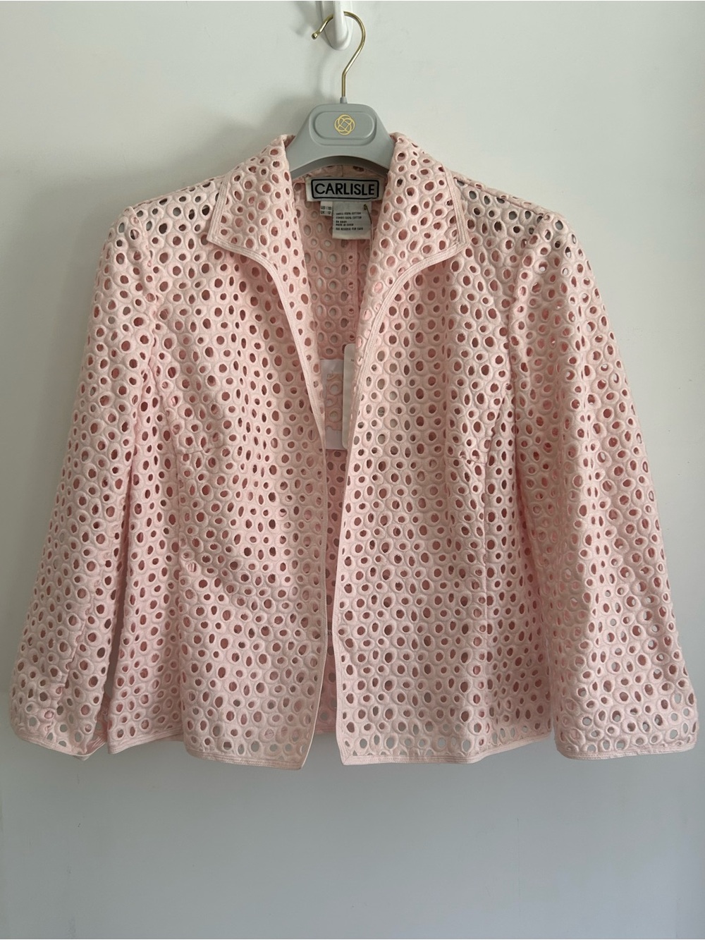 Carlisle Pink Cotton Eyelet Laser Cut Open Front Cropped Blazer Jacket Size 10